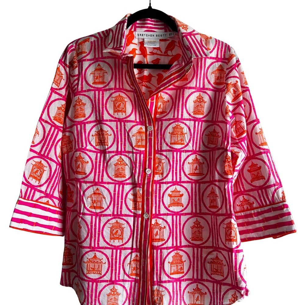 Gretchen Scott Designs Pink and Orange Bird Pattern Shirt